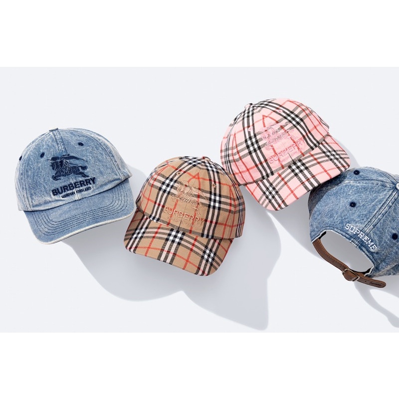 area0439】2022 聯名Supreme x Burberry Denim 6-Panel 單寧格紋帽子